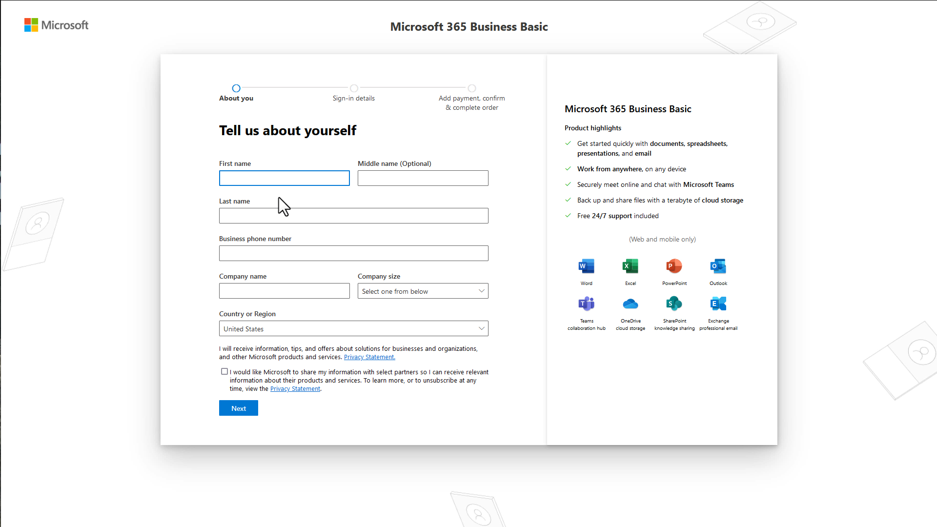 Personal information step for Microsoft 365
