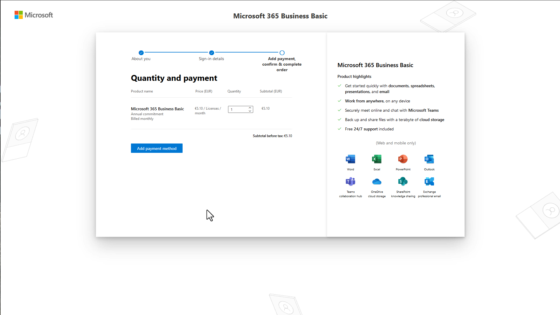 Payment summary in Microsoft 3