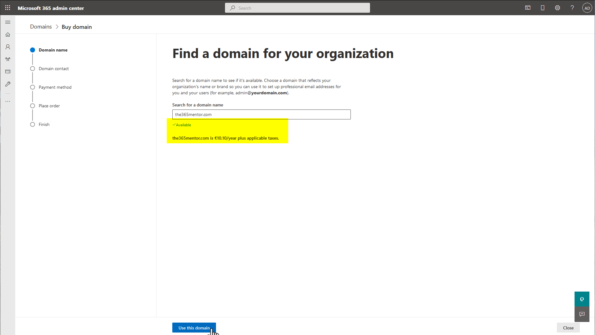Buying a domain with Microsoft 365 - Price information