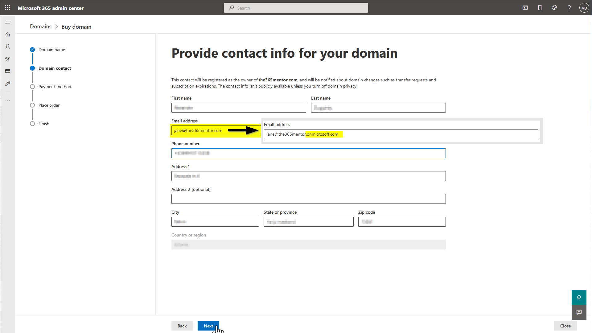 Buying a domain with Microsoft 365 - Contact information