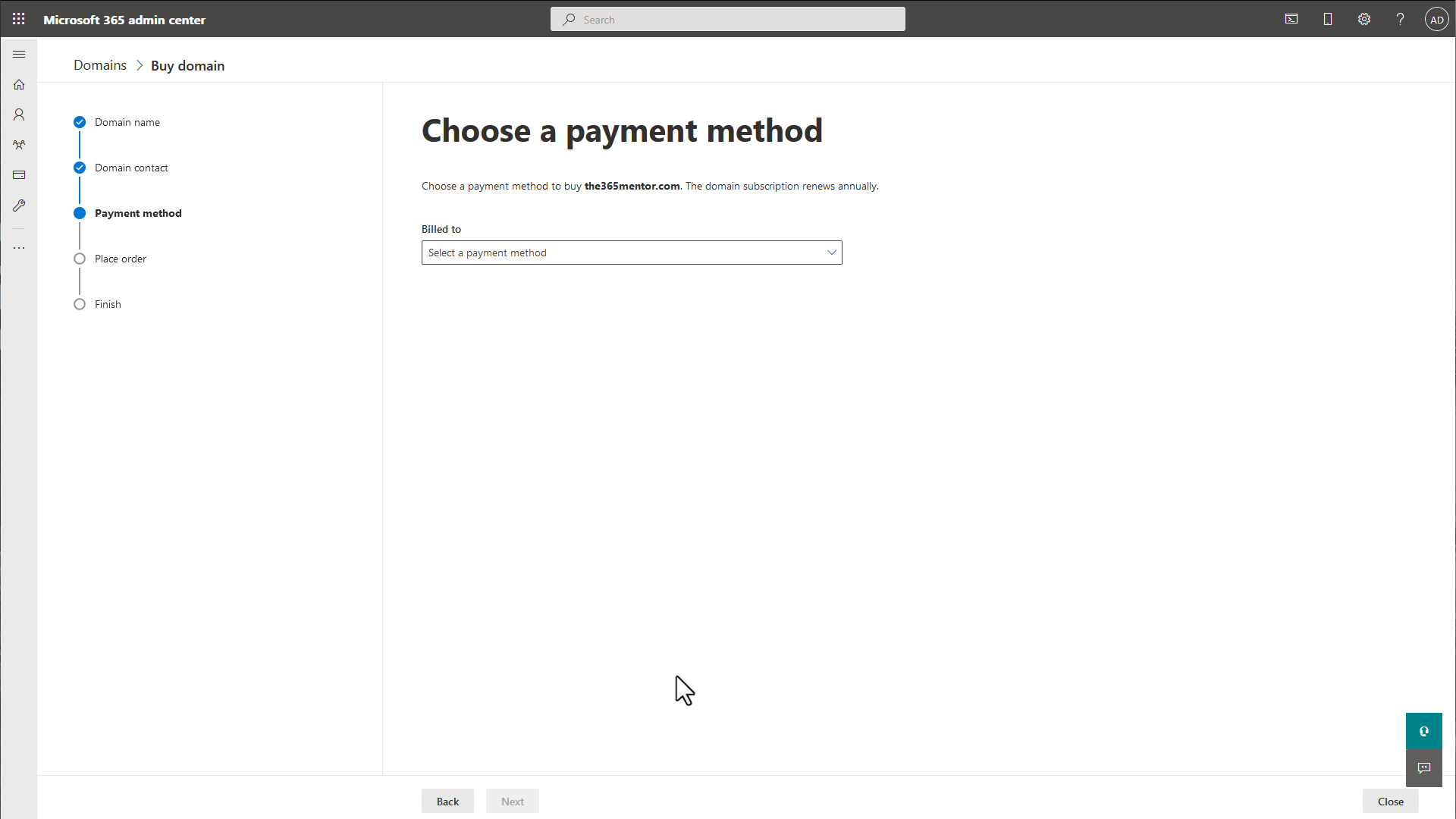 Buying a domain with Microsoft 365 - Select payment