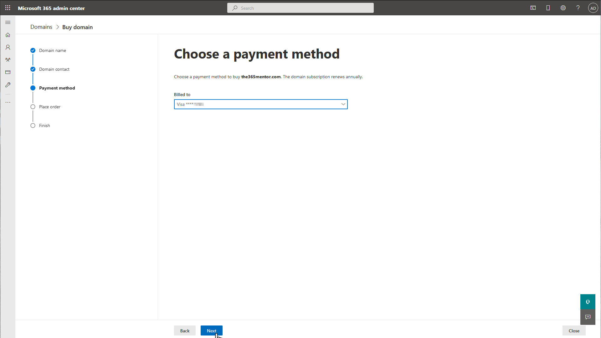 Buying a domain with Microsoft 365 - Select payment