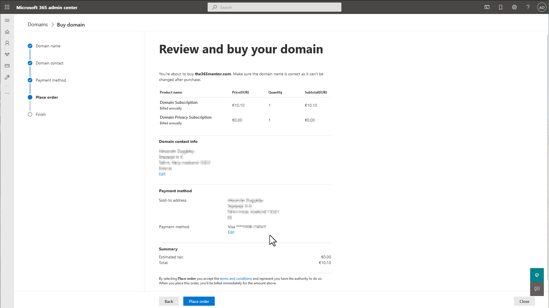 Buying a domain with Microsoft 365 - Order summary