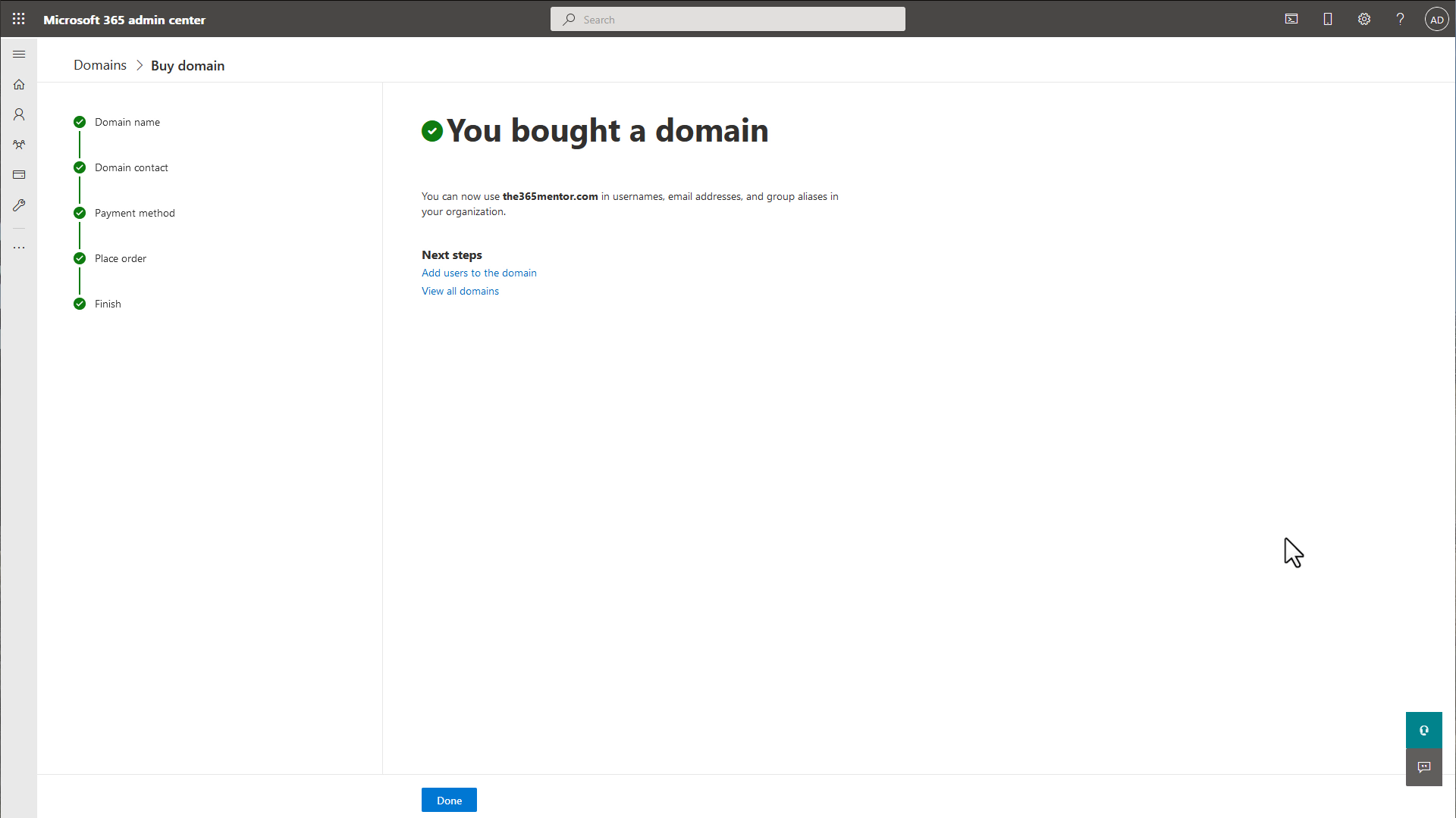 Buying a domain with Microsoft 365 - Confirmation