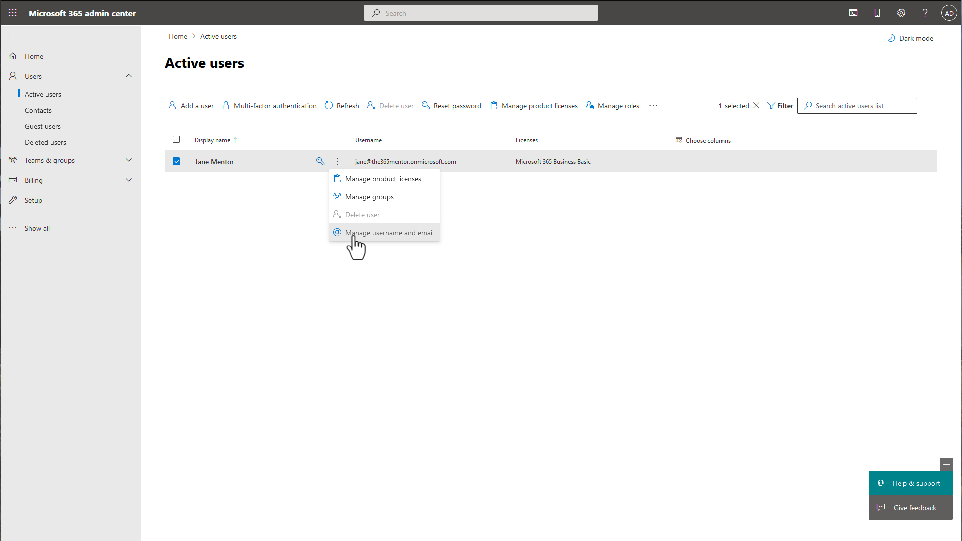 Microsoft 365 Admin Portal - User Menu