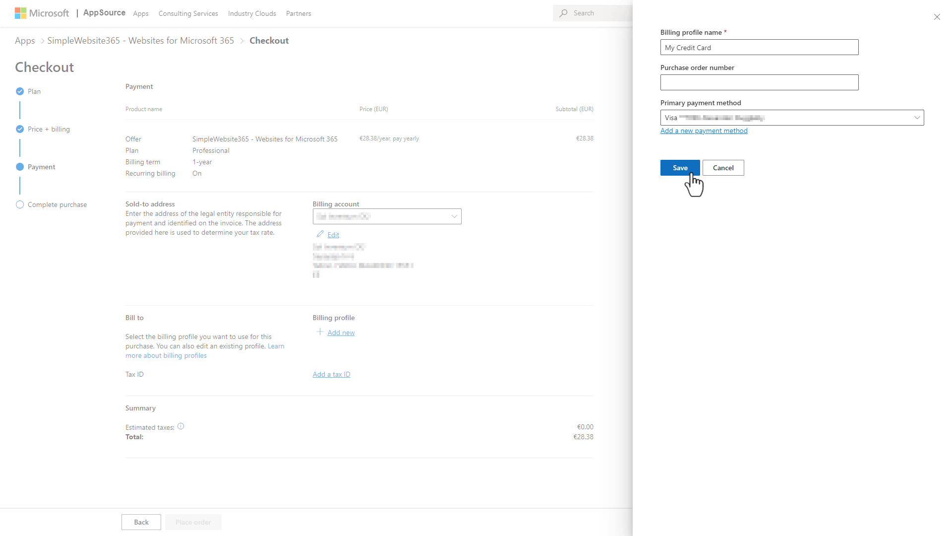 Adding a billing profile on the Microsoft Store