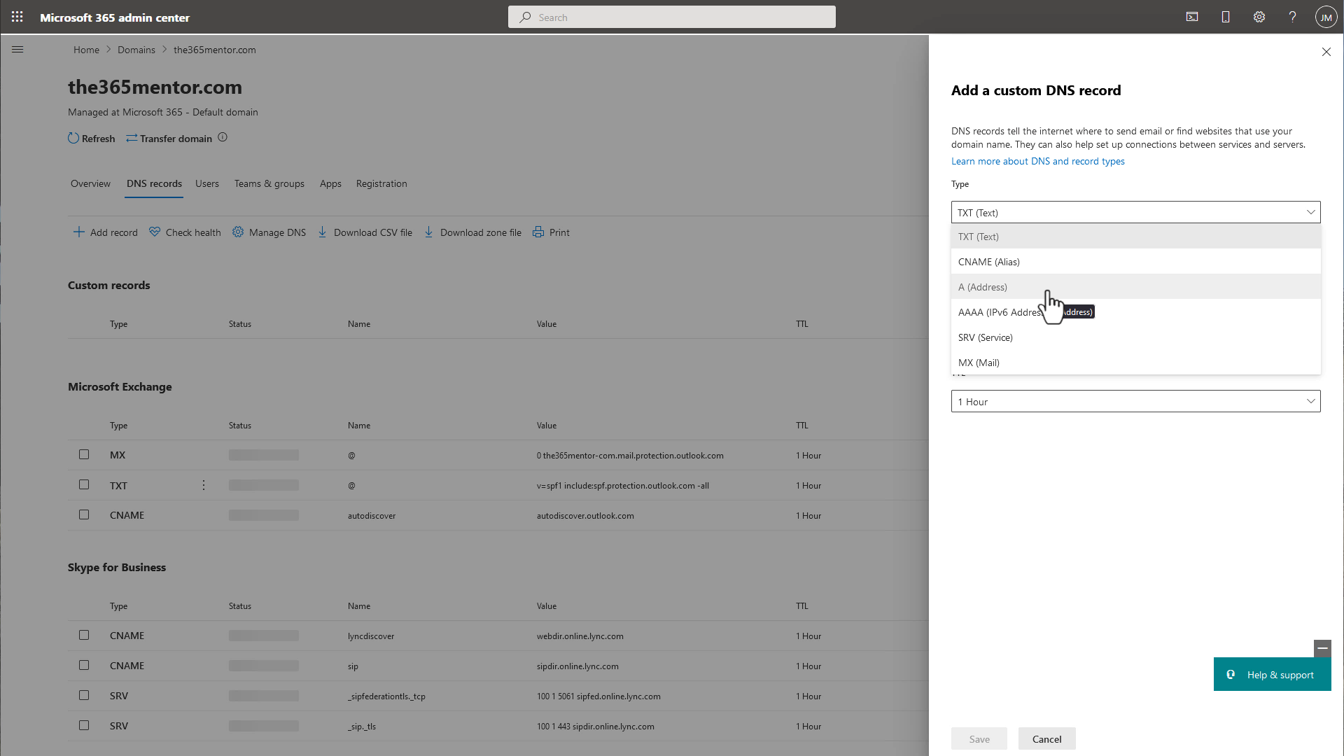 Microsoft 365 Domain Records - Add Dialog