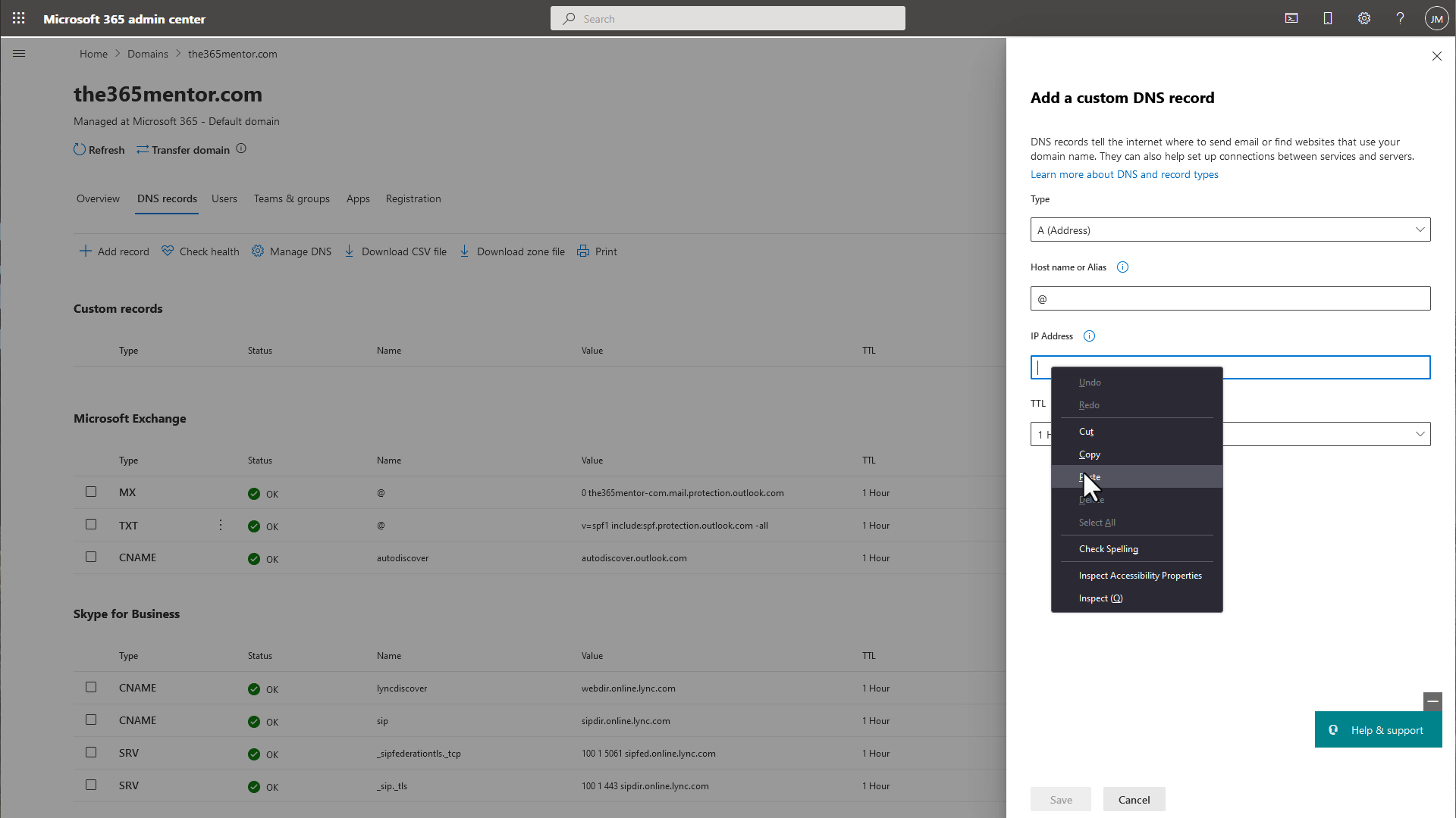 Microsoft 365 Domain Records - Add Dialog