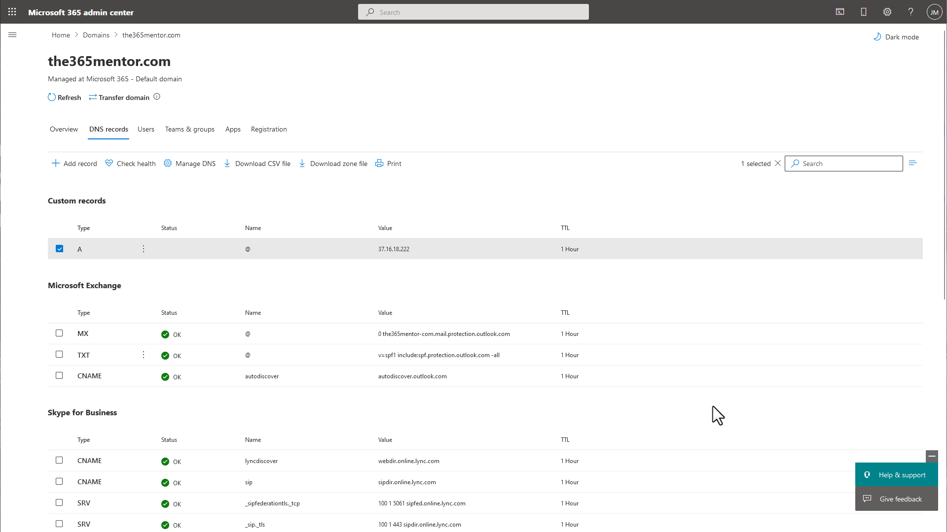 Microsoft 365 Domain Records - Domain record saved