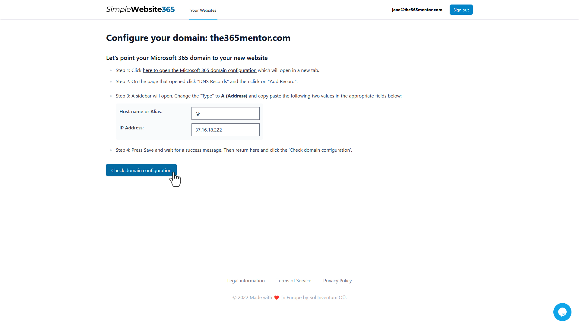 SimpleWebsite365 - Check domain configuration